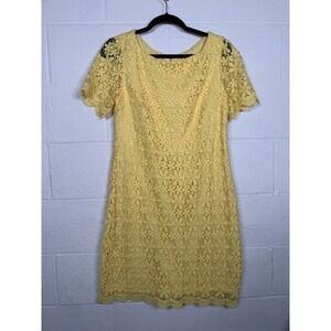 J Howard Yellow Lace Dress Size 10 Easter Wedding Guest Feminine Sheath Overlay